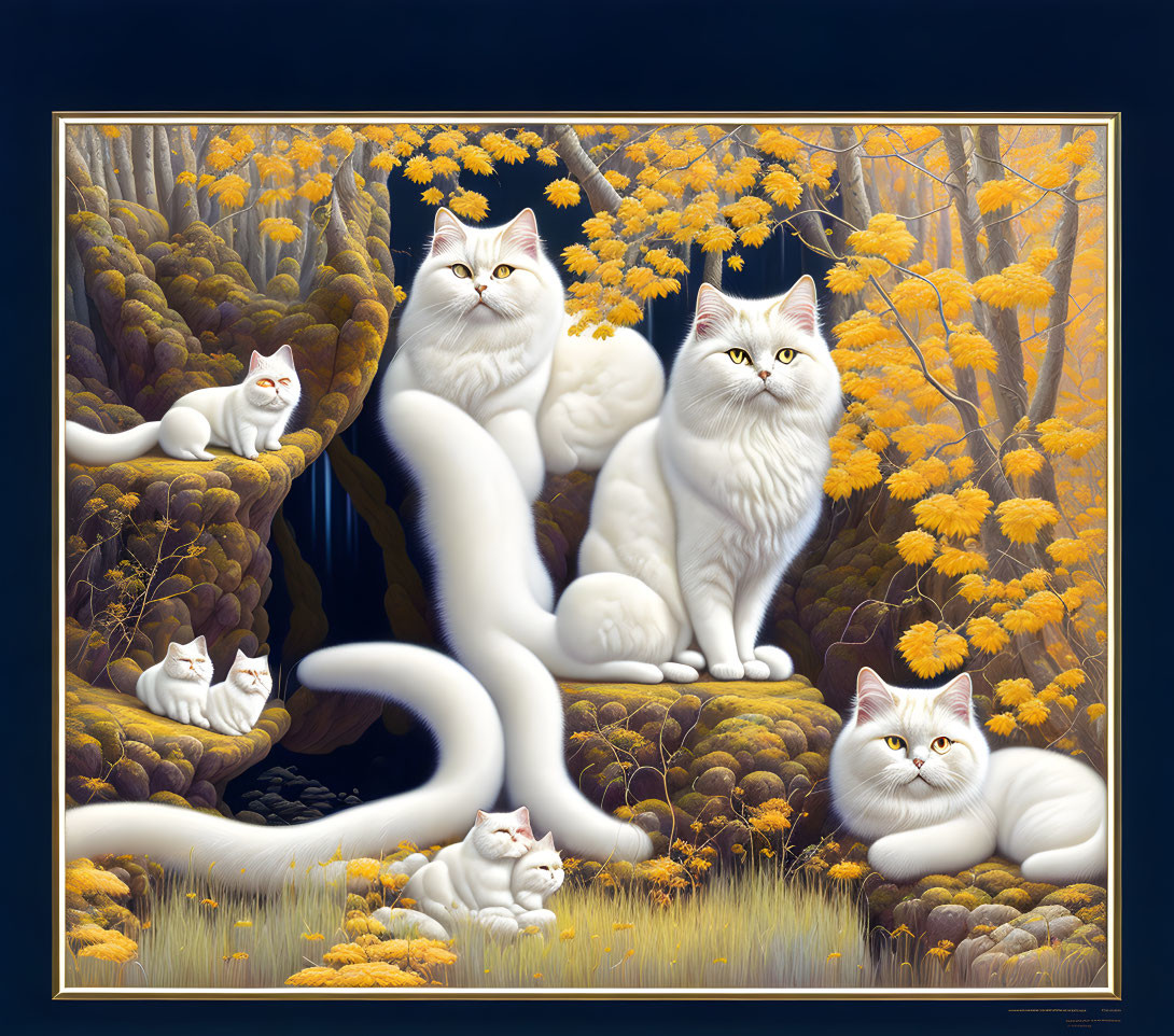Artwork: Multiple white cats among yellow-leafed trees, central cat dominates.