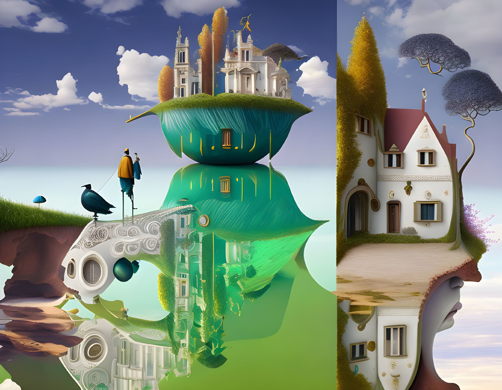 Surreal landscape featuring castle on giant leaf, crow, penguin, whimsical house, and