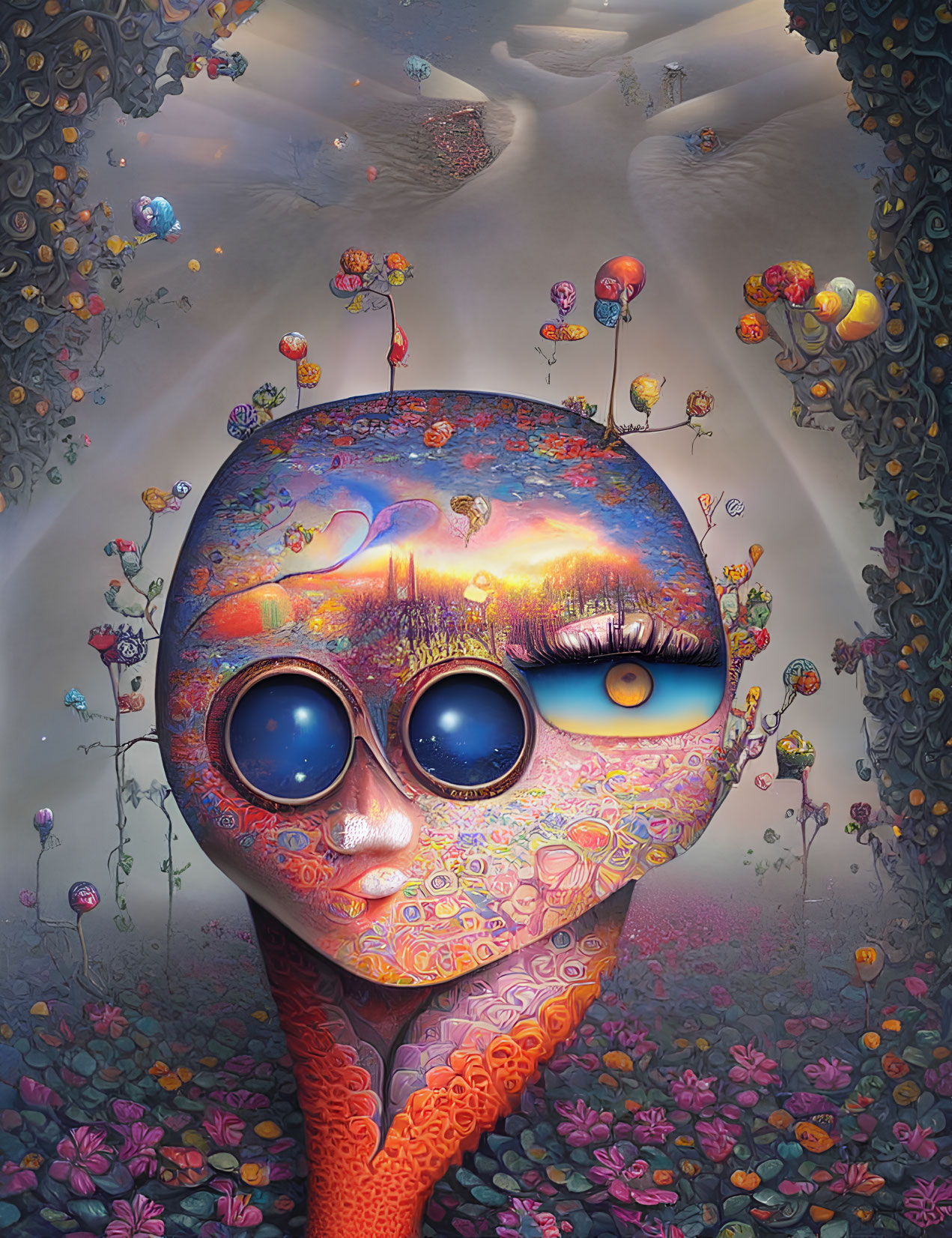 Colorful surreal portrait of alien-like figure in vibrant scenery