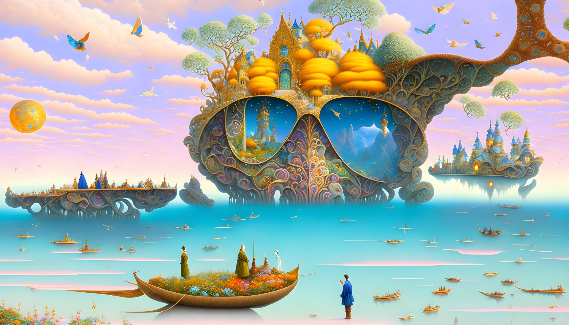 Surreal landscape featuring oversized eyeglasses, castle, floating cities, tree, boats, and