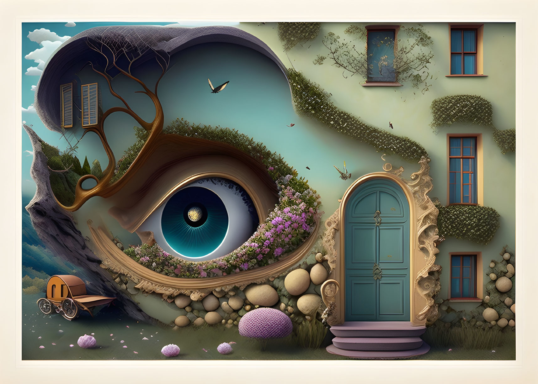 Surreal landscape featuring house styled as human eye, surrounded by greenery and quaint elements