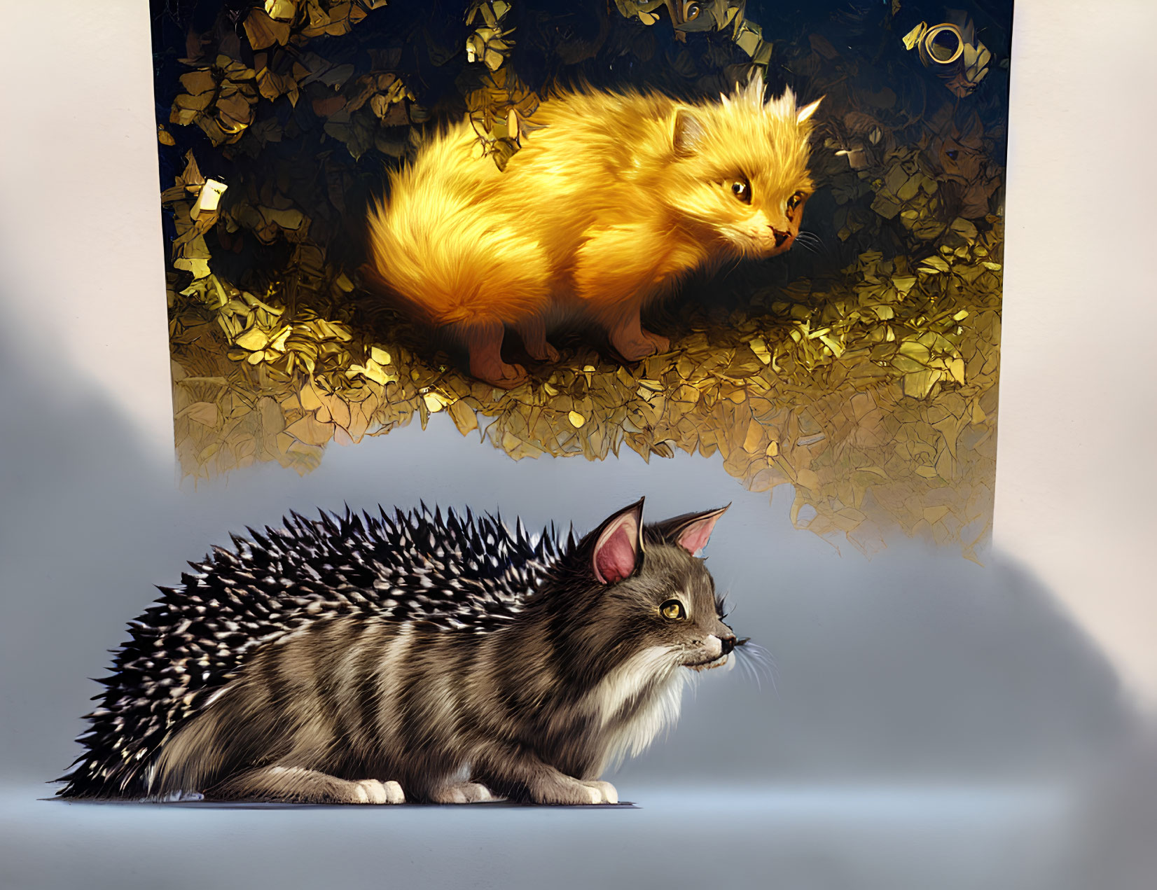 Whimsical digital painting: fluffy yellow creature and hedgehog-cat hybrid in autumn scene
