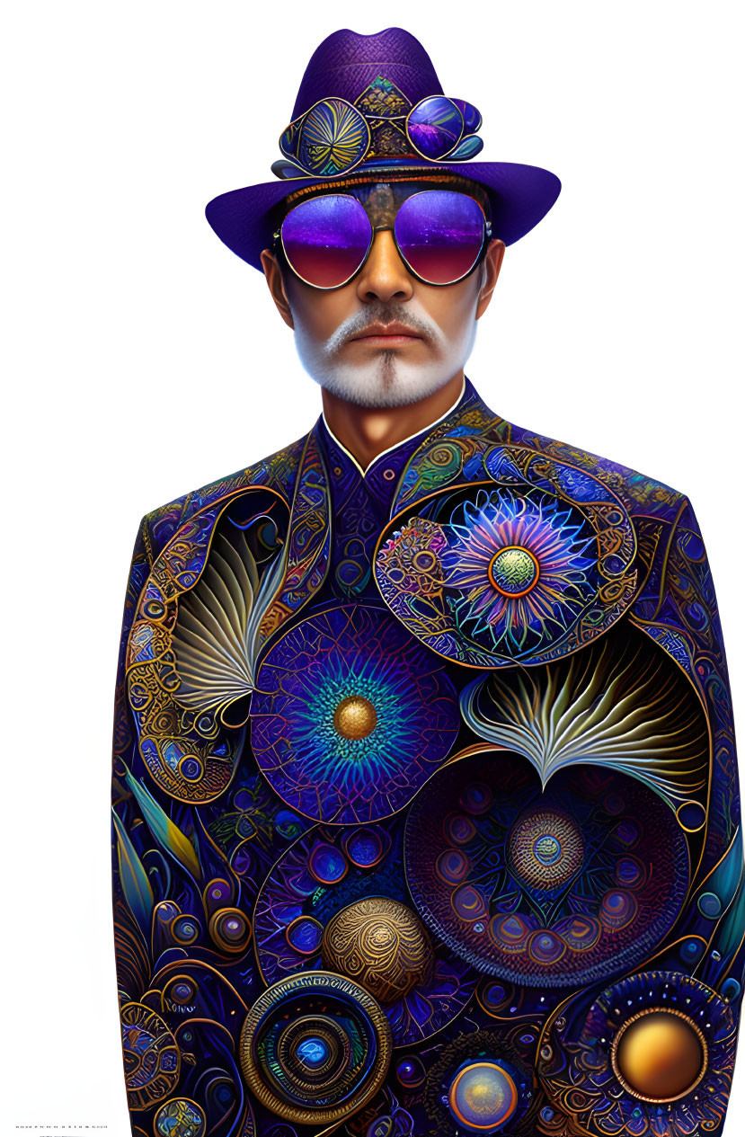 Man in Patterned Suit with Mustache, Purple Hat, and Reflective Sunglasses