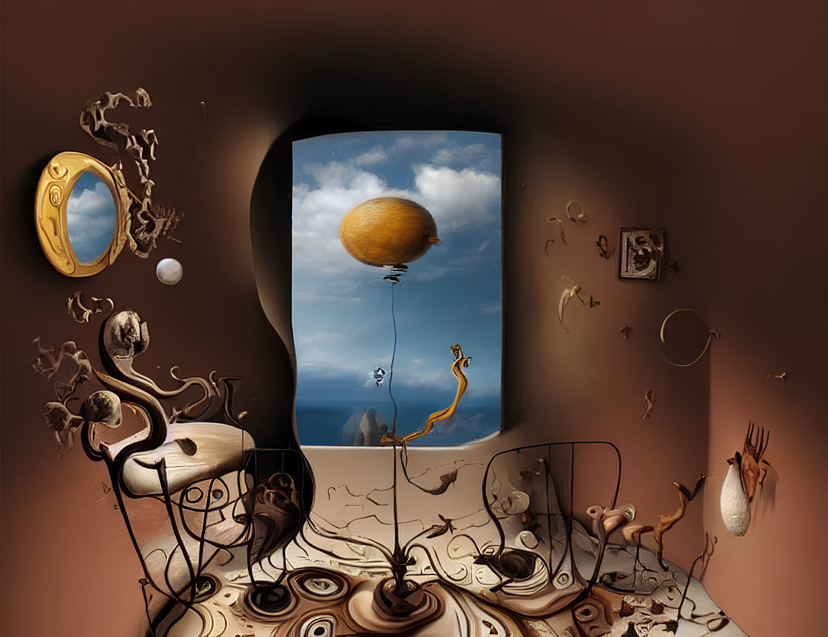 Surreal Room with Distorted Objects and Lemon Balloon Floating Outside