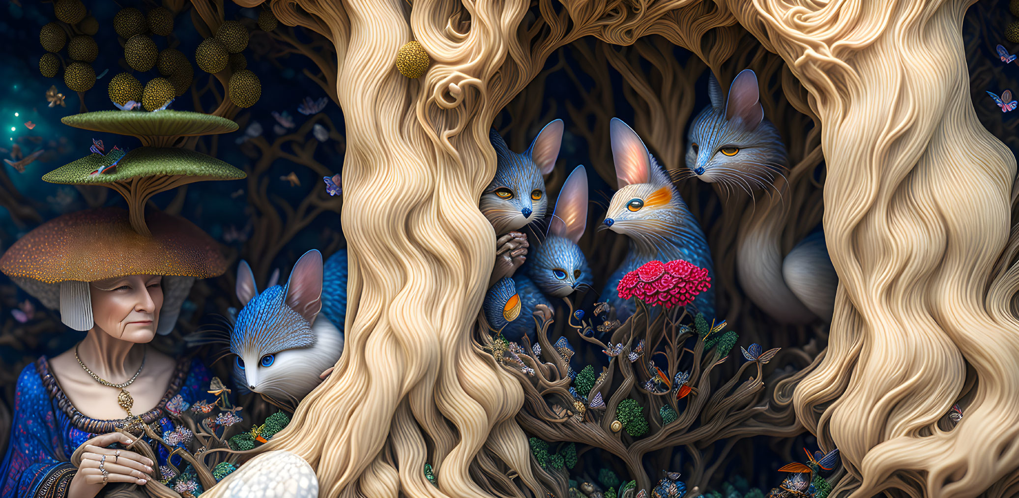Whimsical anthropomorphic foxes in vibrant forest scene