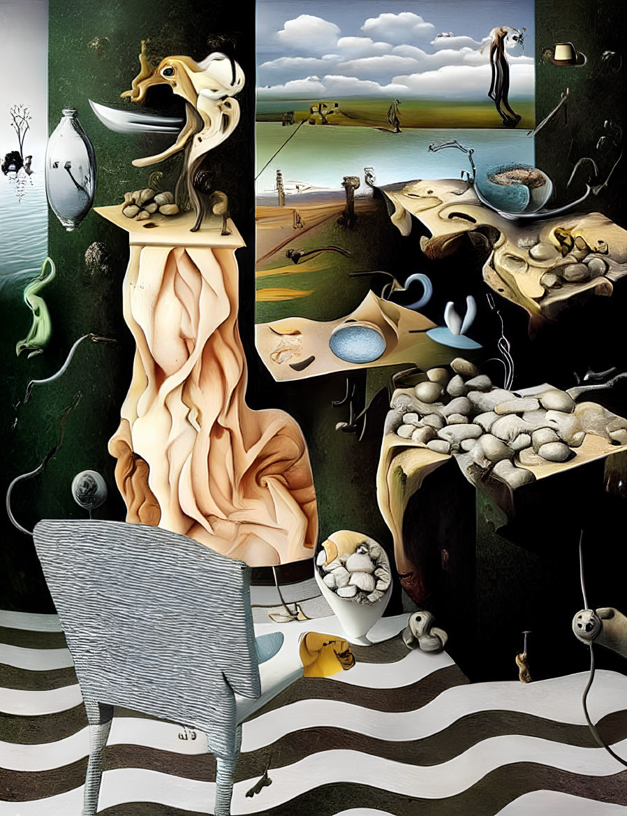 Surreal artwork with striped landscapes, melting clock, and abstract figures