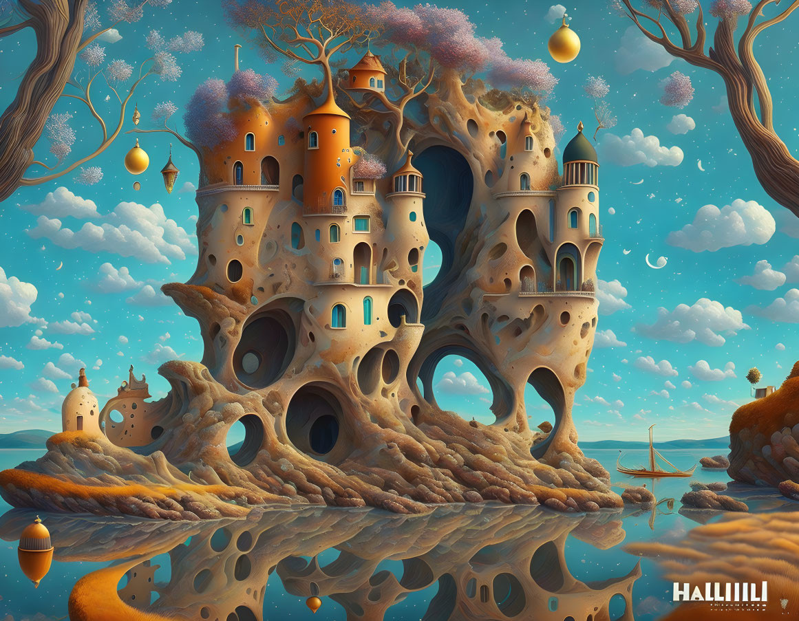 Surreal organic castle in whimsical landscape with floating lanterns