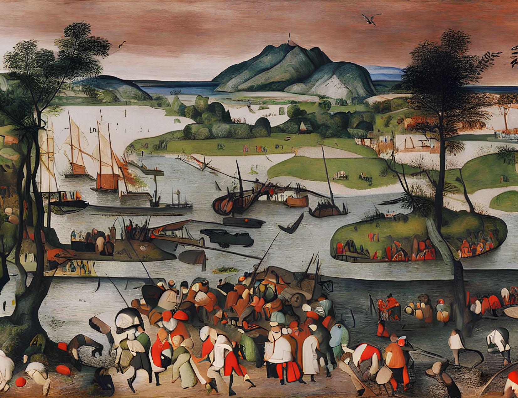 Vibrant Renaissance harbor scene with ships, people, and landscapes