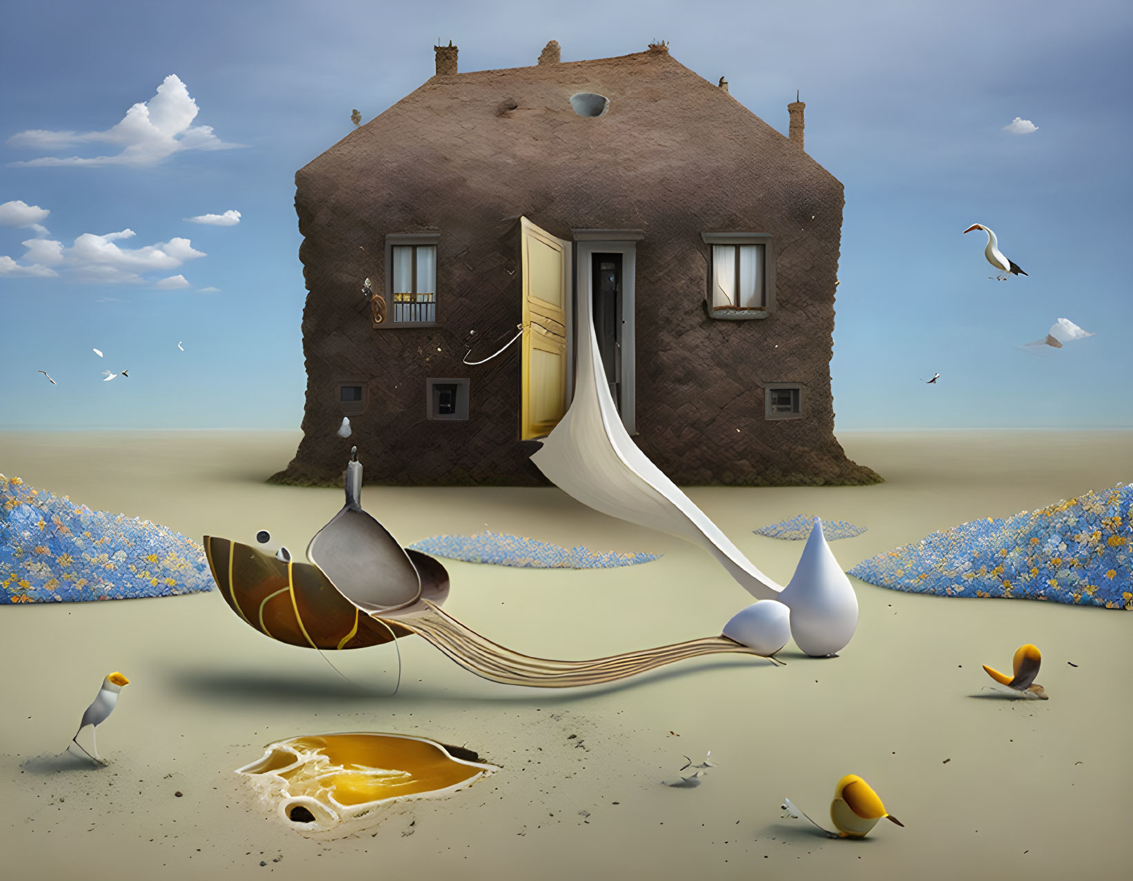 Surreal landscape with fur-covered house, flowing staircase, broken eggshells, and musical instruments