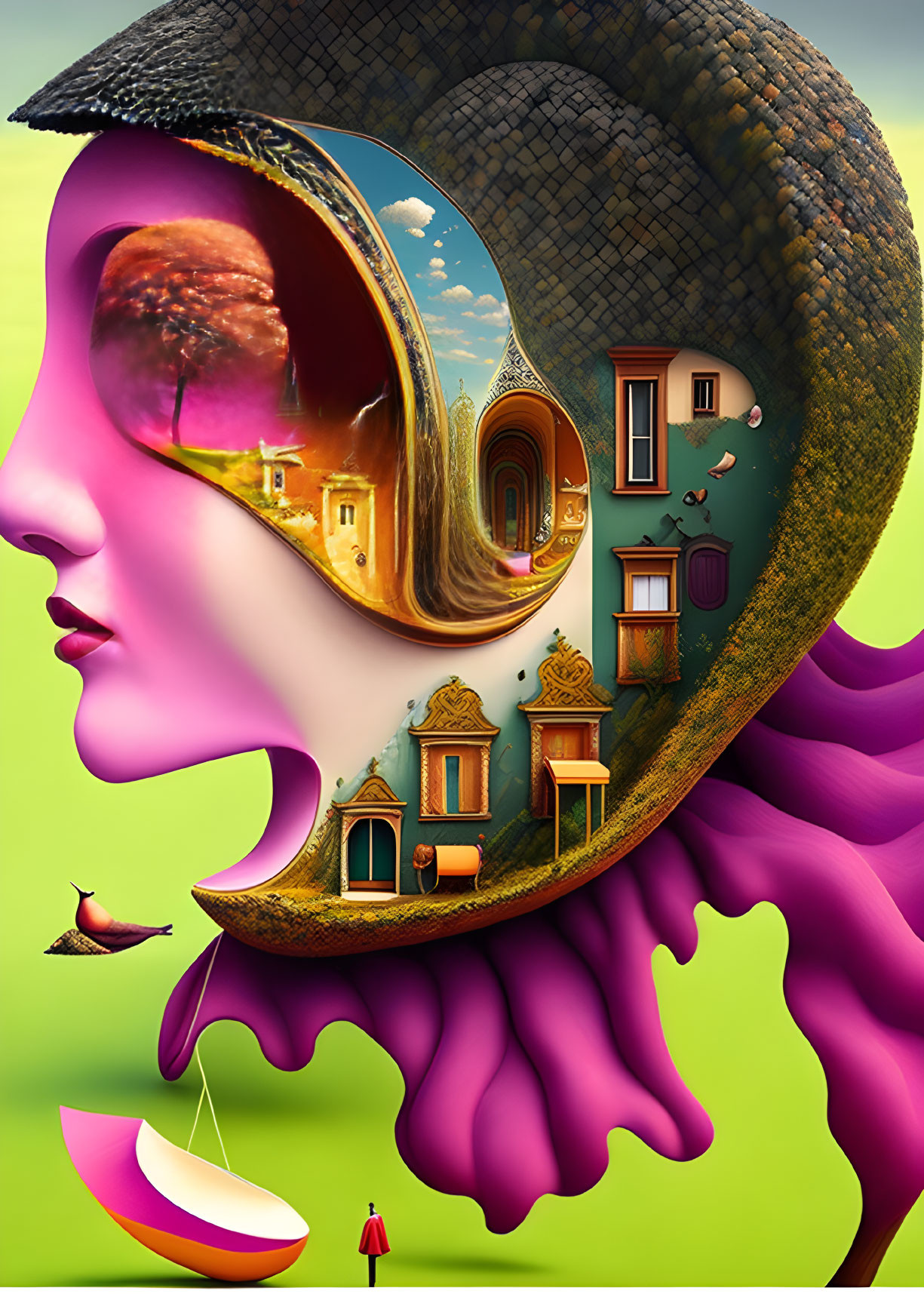 Surreal profile illustration with whimsical inner landscape