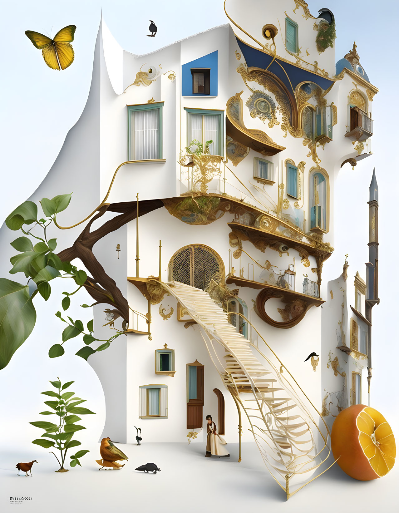 Distorted baroque building with tree, animals, lady on stairs.