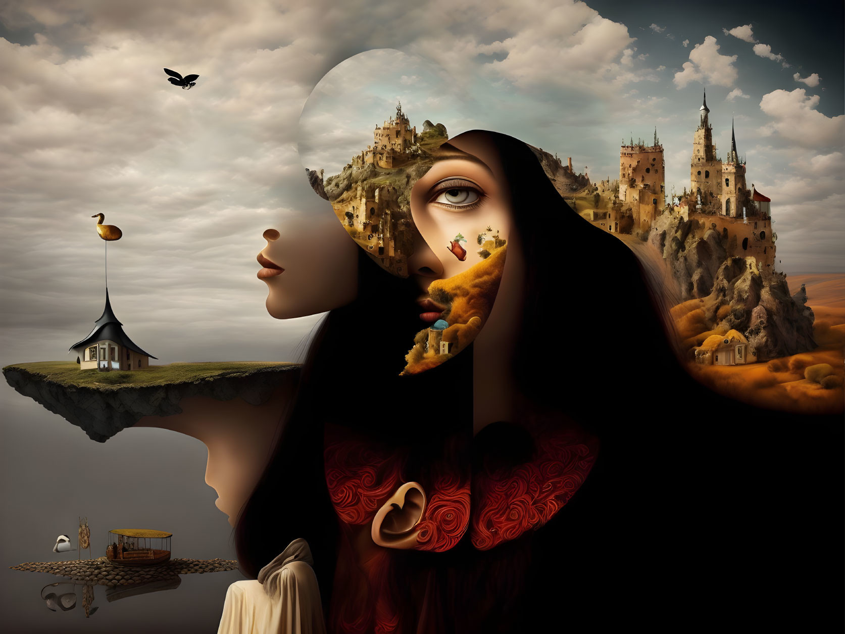 Surreal portrait: woman's face merges with fantastical landscape
