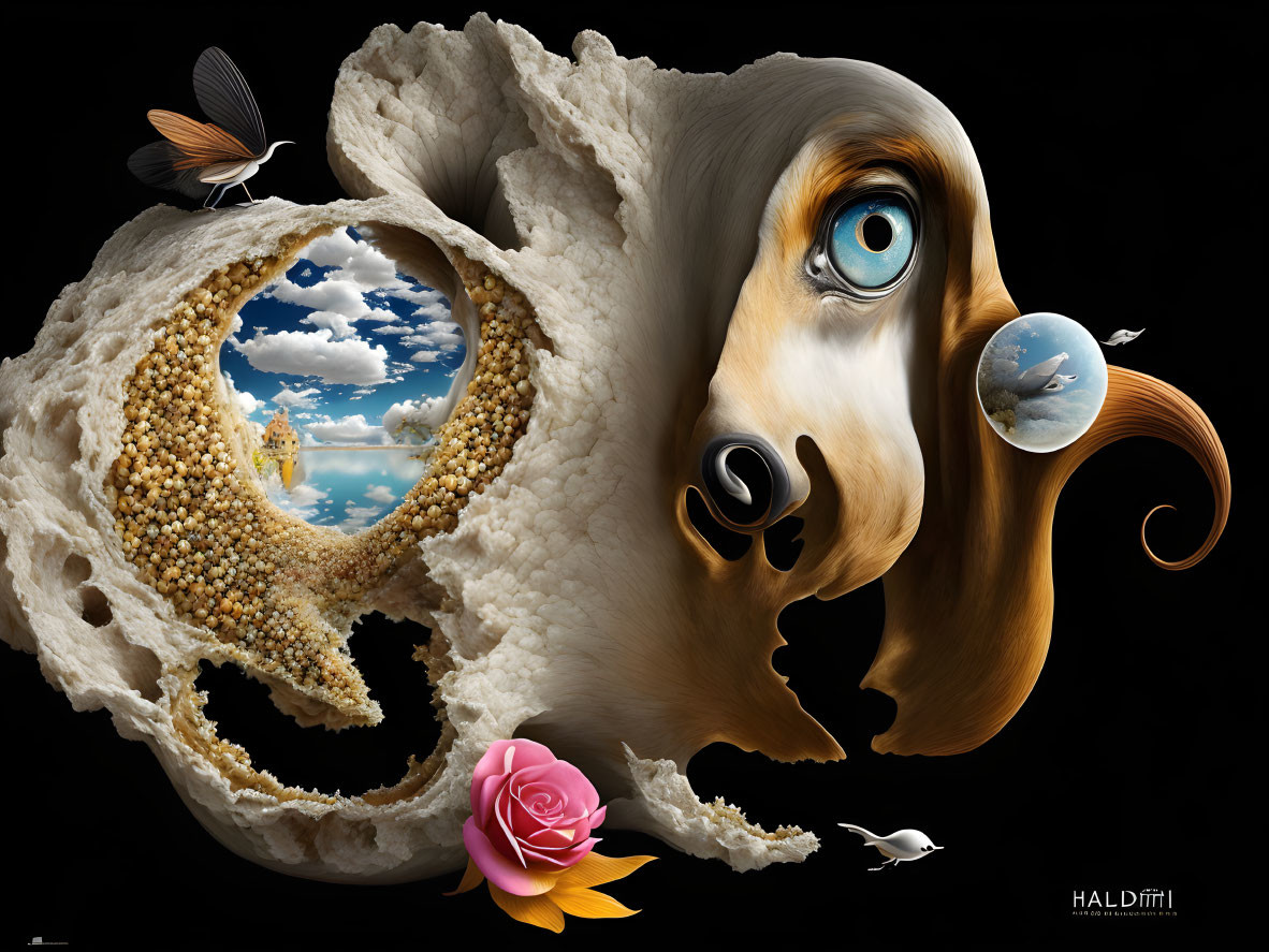 Surreal Artwork: Dog Face, Disproportionate Eyes, Honeycomb, Rose,