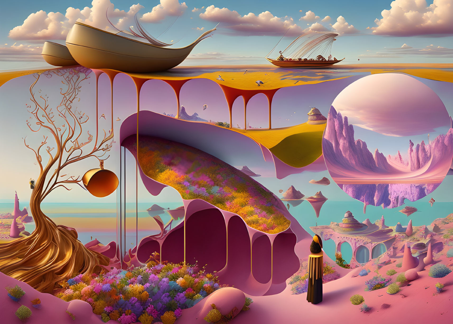 Surreal landscape with floating ships, piano tree, oversized objects, and moons under pastel sky