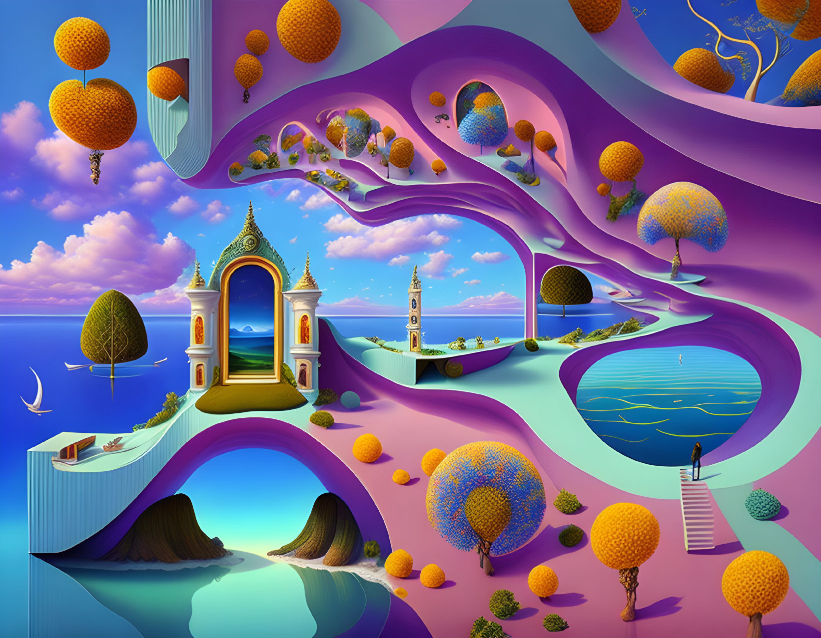 Colorful surreal landscape with archways, floating islands, and whimsical trees