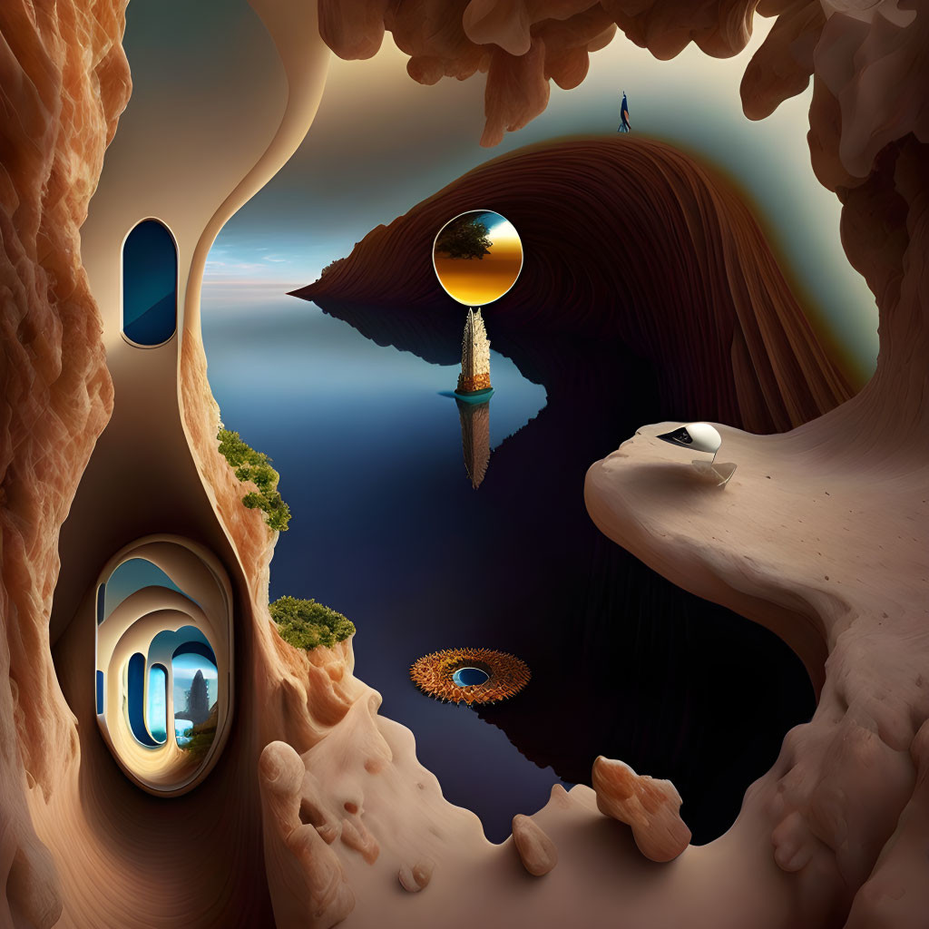 Surreal landscape with cave, lighthouse, trees, water bodies, and figure on rock.