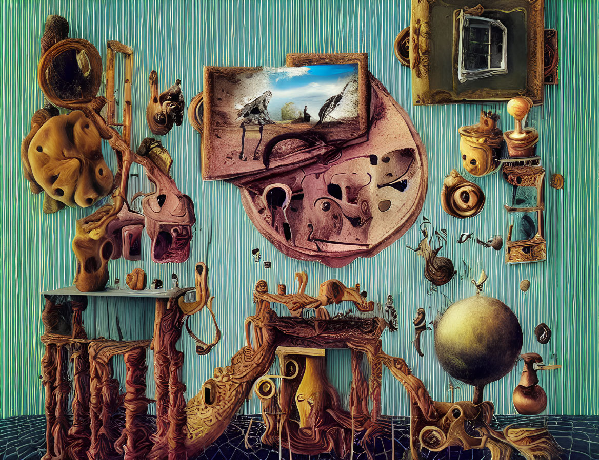 Distorted surreal room with floating objects and earthy tones