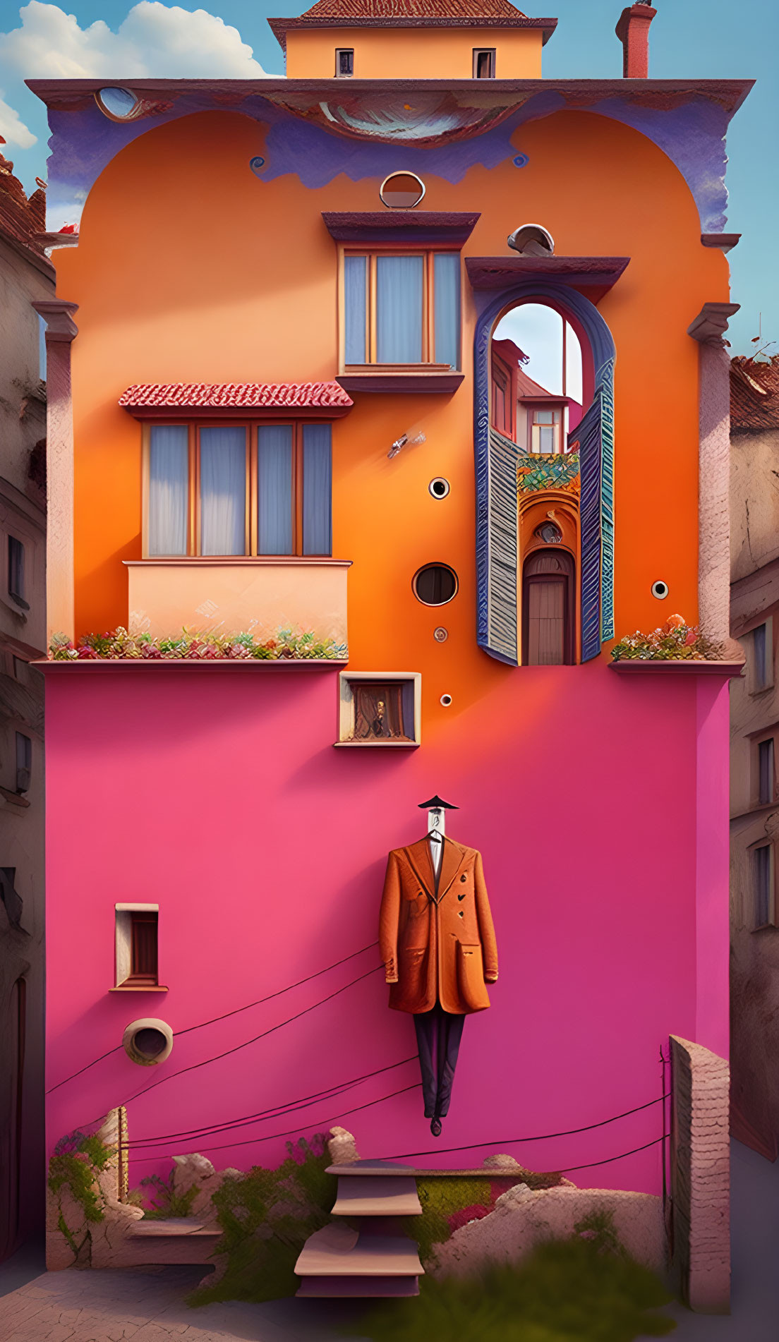 Colorful Surrealist Illustration of Whimsical Building with Floating Suit and Balcony Plants