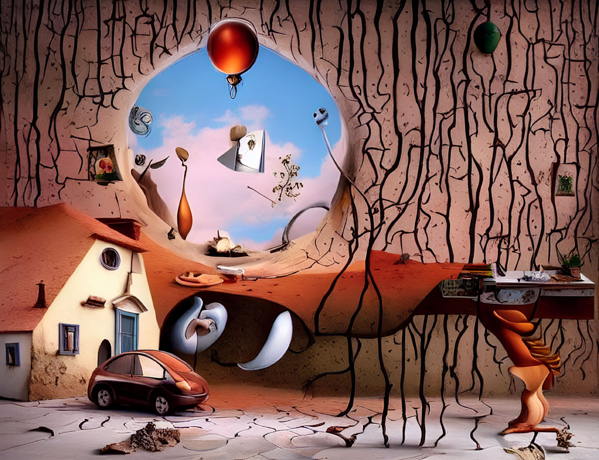 Surreal Artwork: Distorted Room, Melting Objects, Floating Balloon, Car,