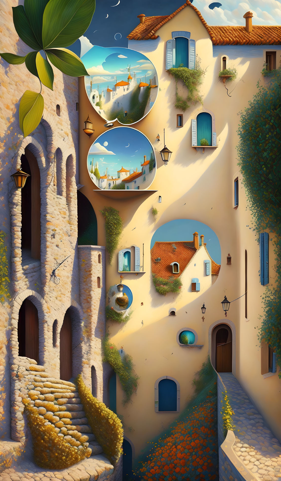 Surreal village with flowing architecture and upside-down elements