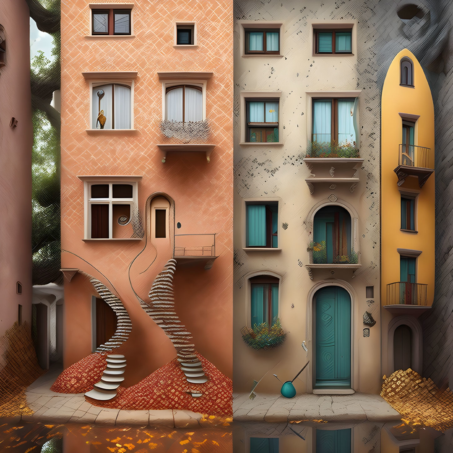 Whimsical buildings with spiral staircases and unique windows in autumn setting