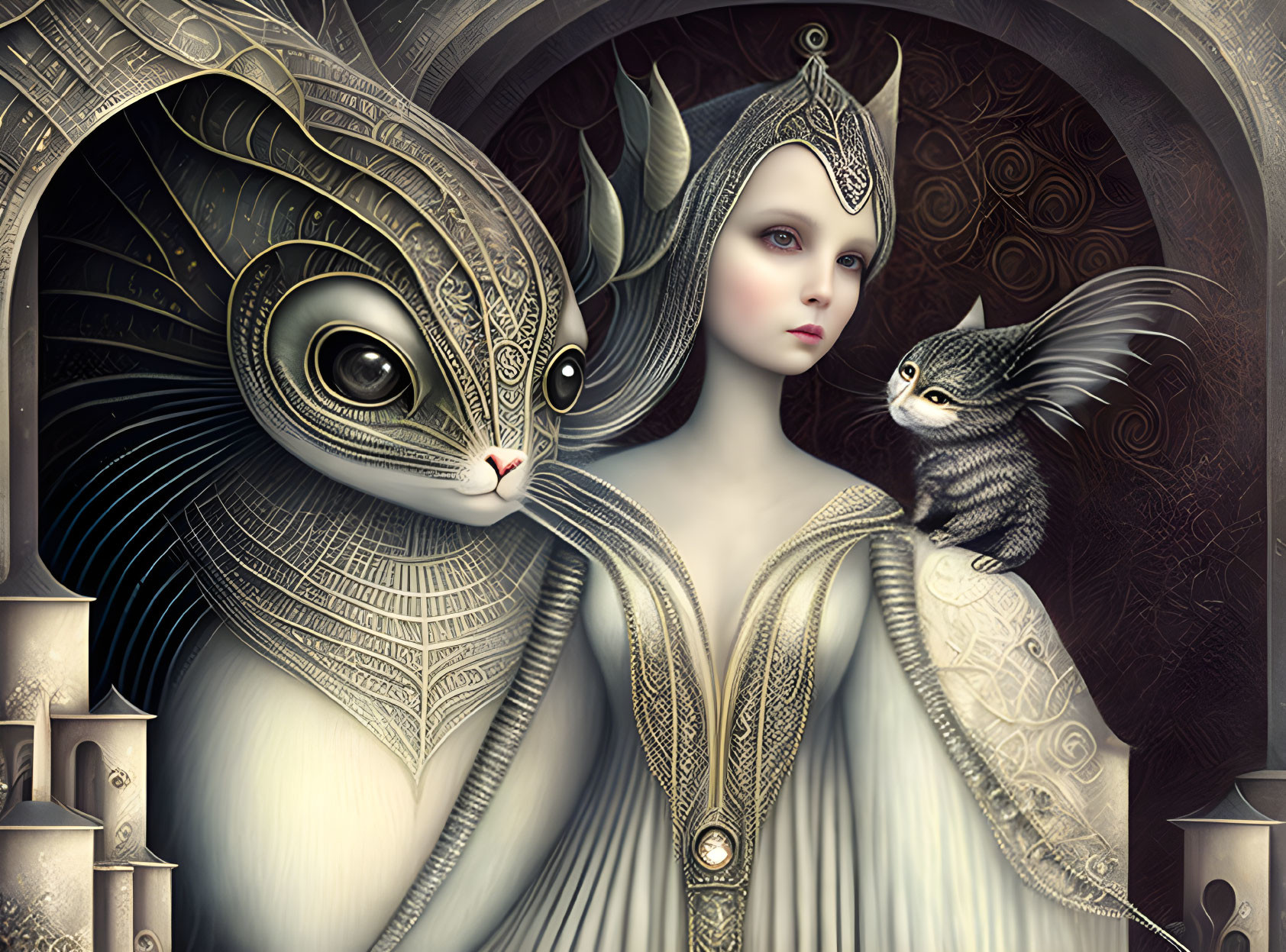 Surrealist illustration of regal woman with large and small cats in ornate fantasy setting