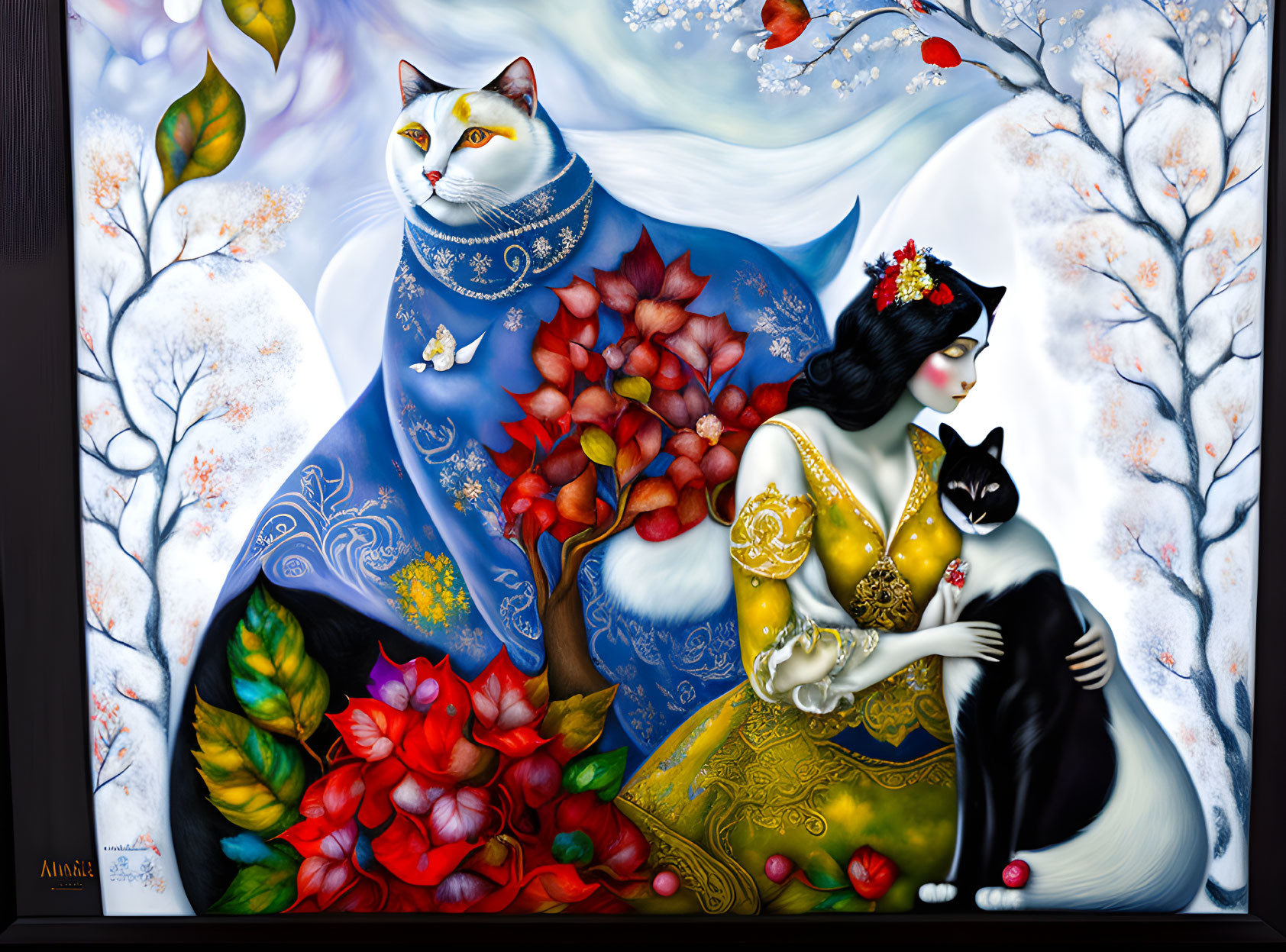 Colorful artwork: Woman in yellow dress with flower crown holding black cat, giant cat in blue cloak