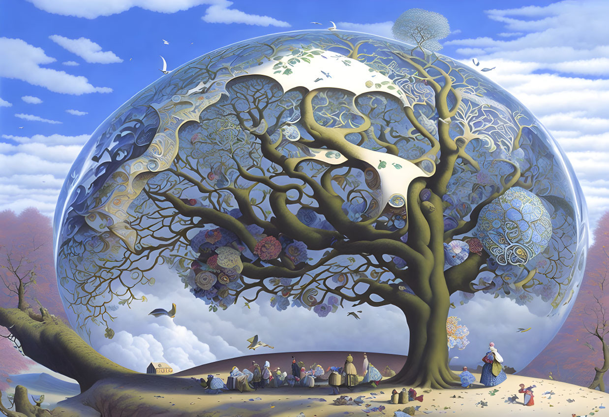 Intricate surreal painting of diverse tree patterns against globe and pastel sky