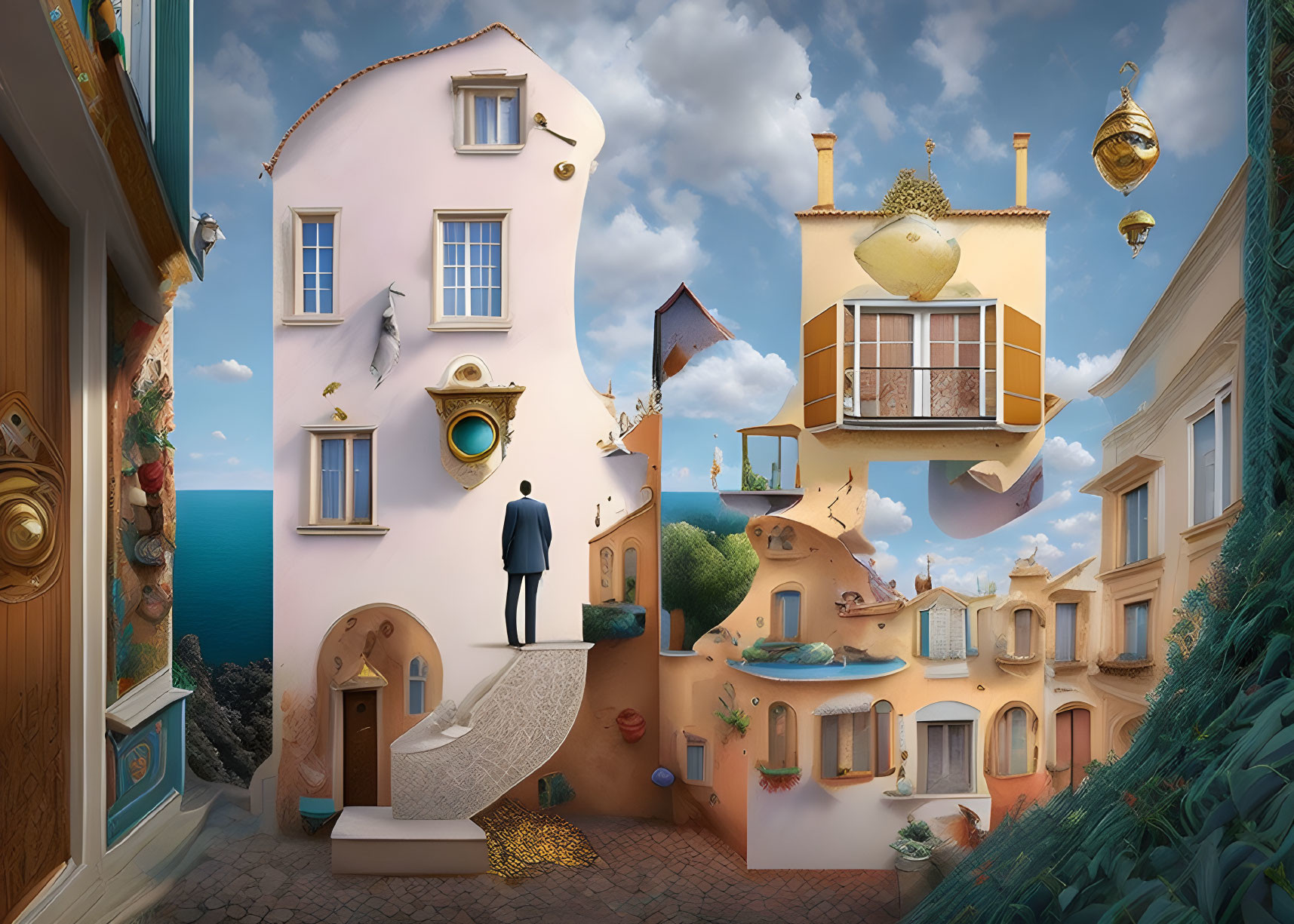 Surrealistic image of man on staircase to floating building