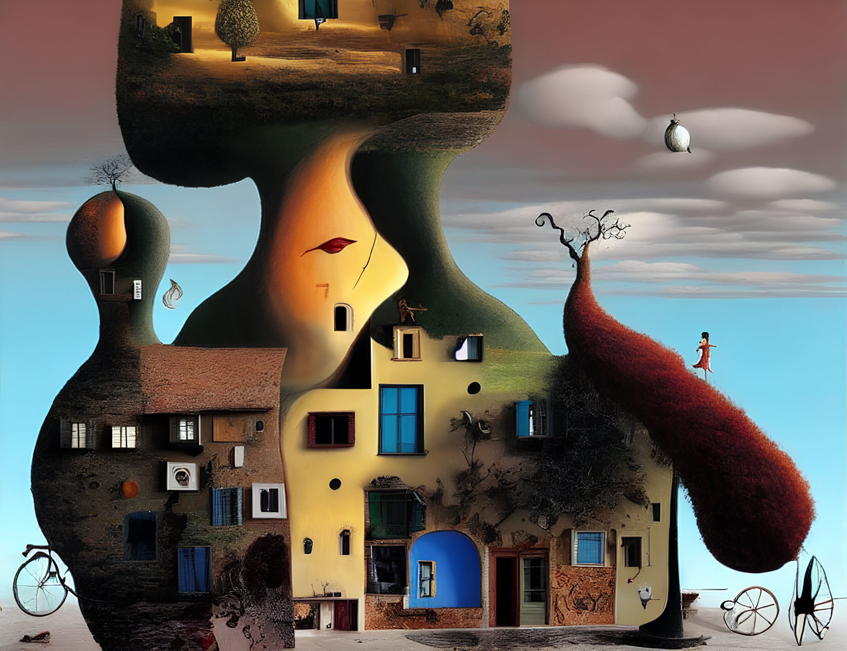 Surreal landscape featuring anthropomorphic hill, whimsical sky, and floating objects
