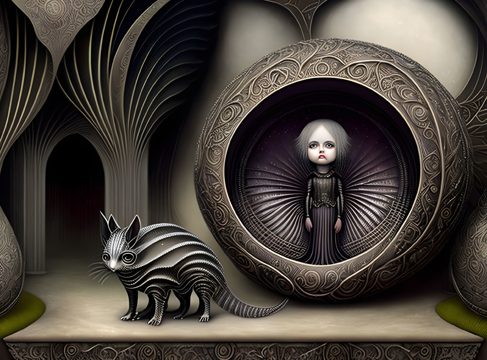 Surreal digital artwork: Striped cat and child in decorated orb with arches