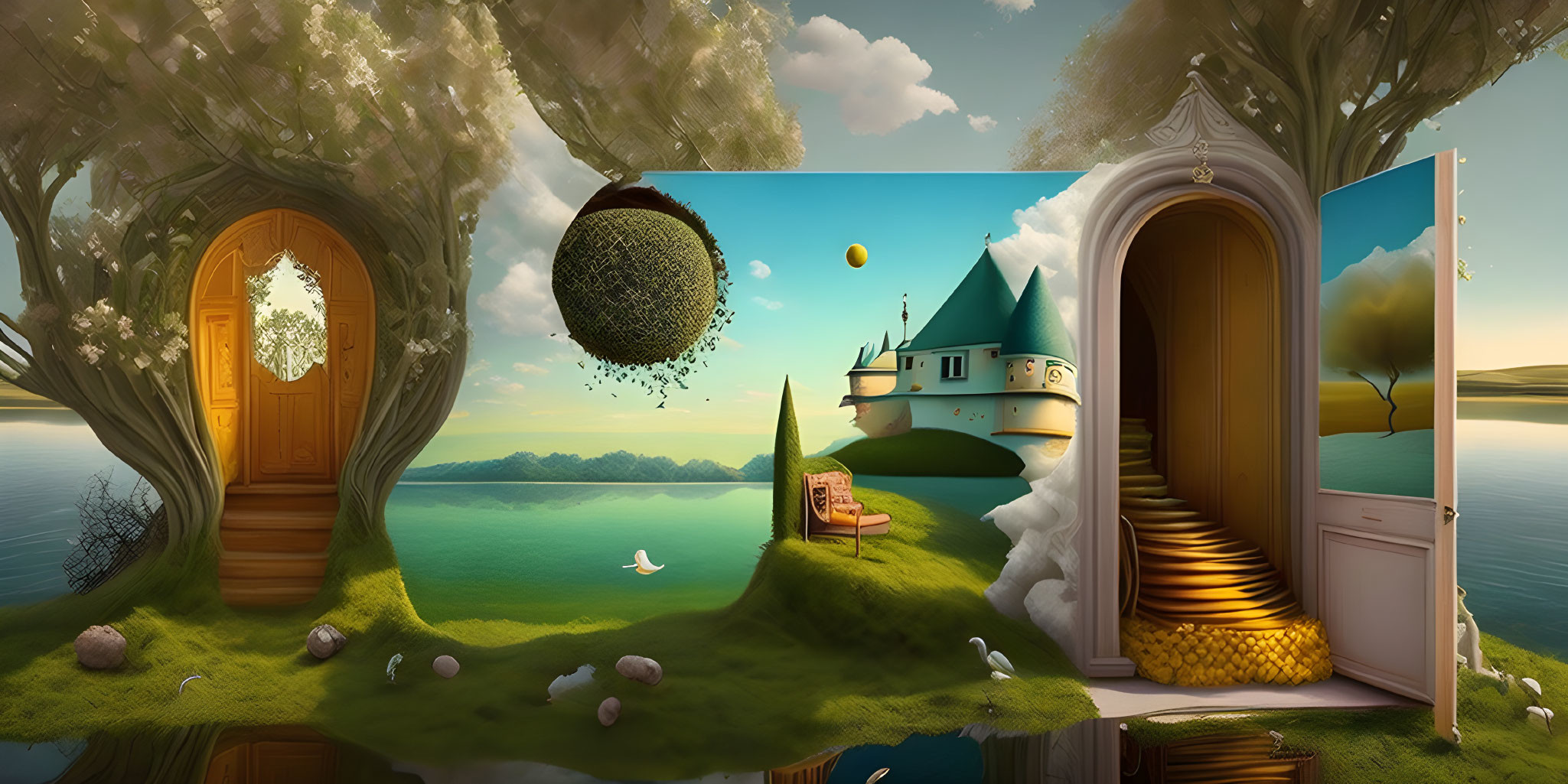 Surreal landscape with two tree doorways: castle on a cloud and lakeside view