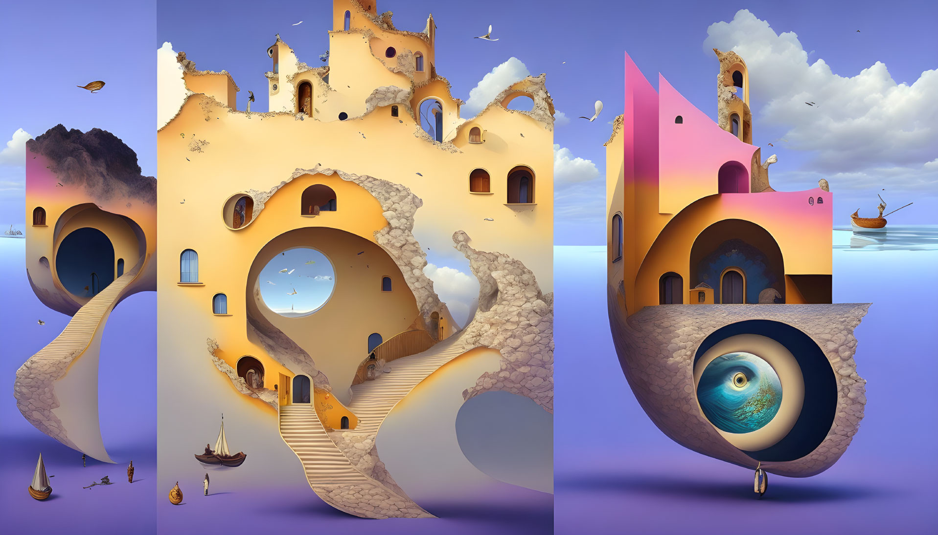 Surreal triptych image: sandcastle-like structure, giant eye, staircases, boats