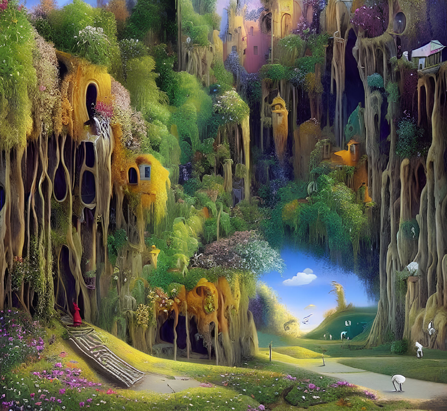 Whimsical tree houses in vibrant fantasy landscape