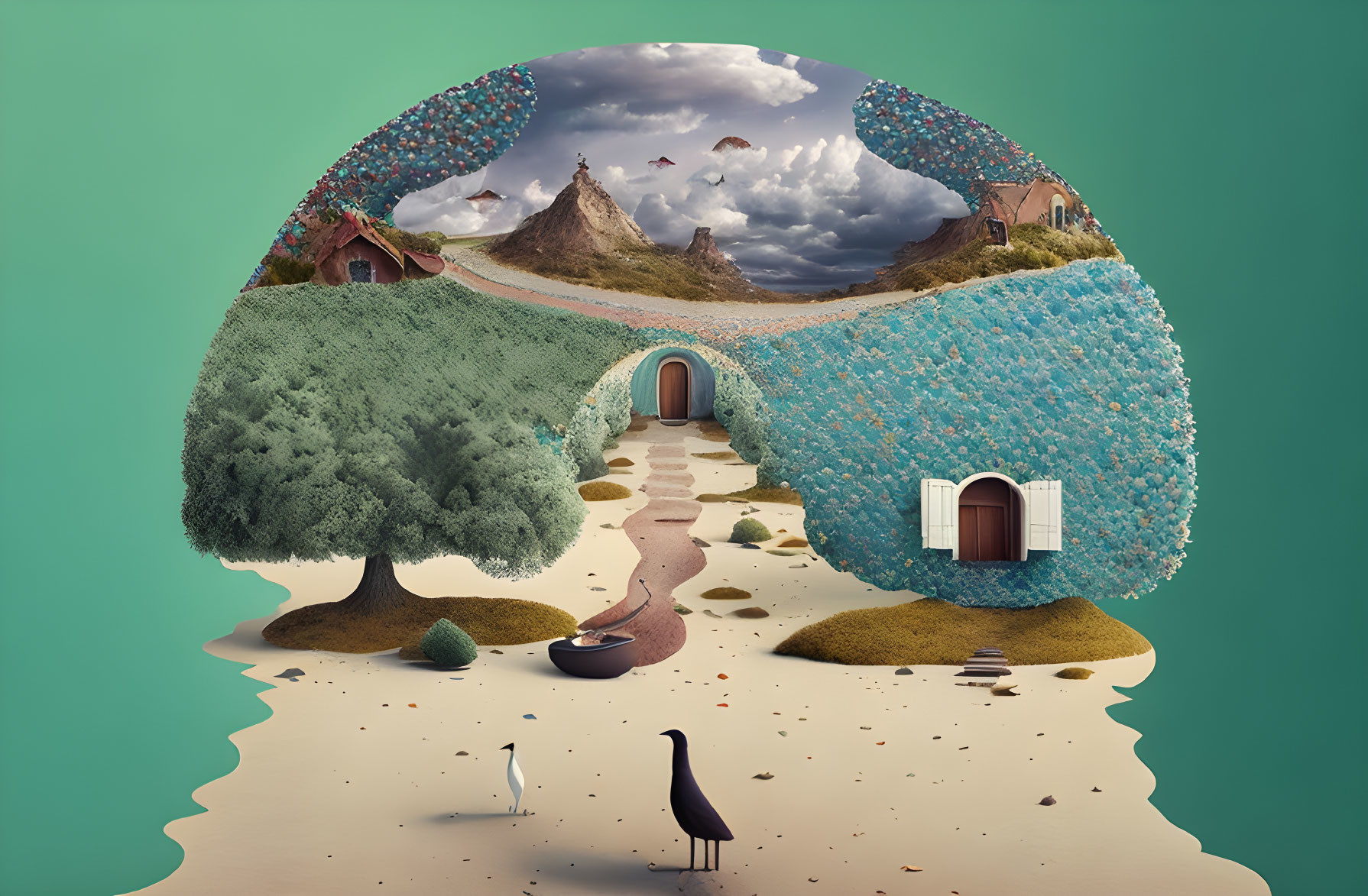 Surreal landscape with whimsical houses, tree, tunnel, and bird in a cloudy sky