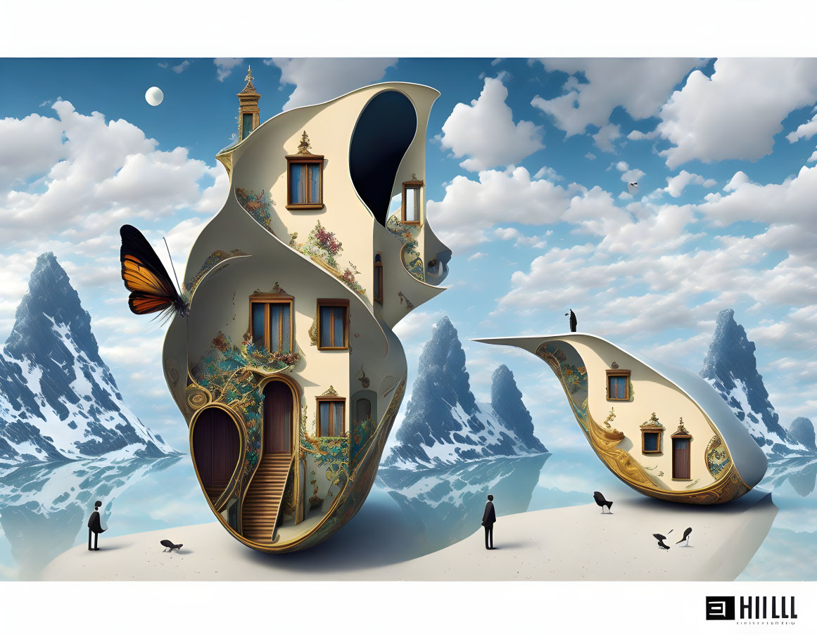 Surreal shoe-shaped buildings float over mountain landscape