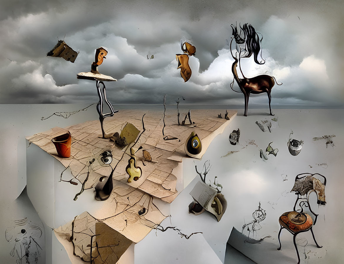 Surreal Artwork: Disjointed Elements, Fractured Landscape, Whimsical Character