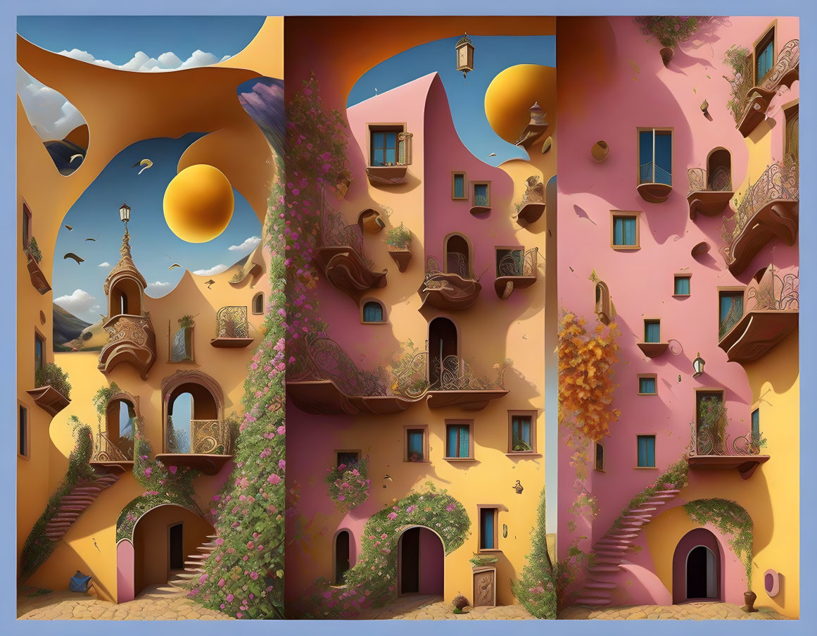 Whimsical surreal village with pink houses and floating orbs