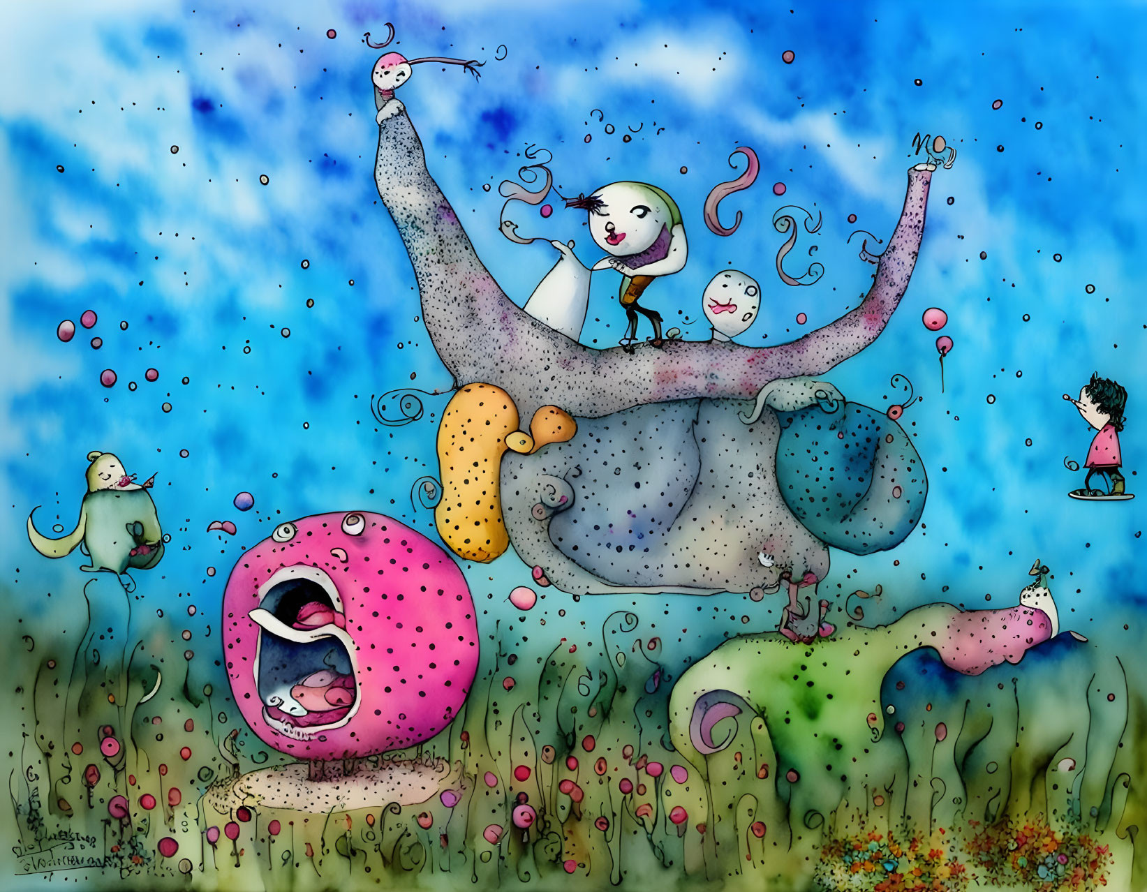 Colorful underwater illustration with fantastical creatures and characters