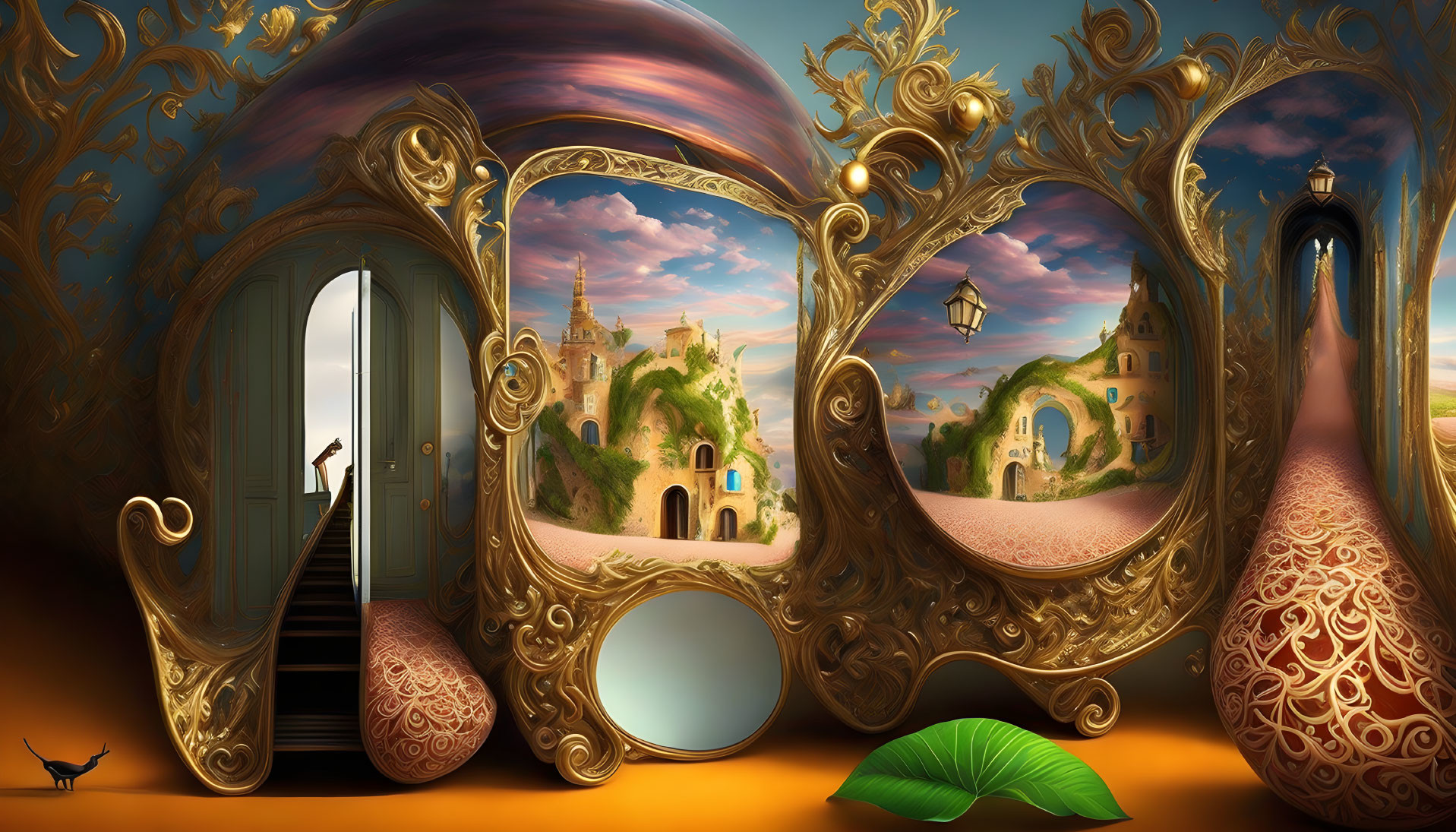 Whimsical surreal landscape with golden swirls and floating objects