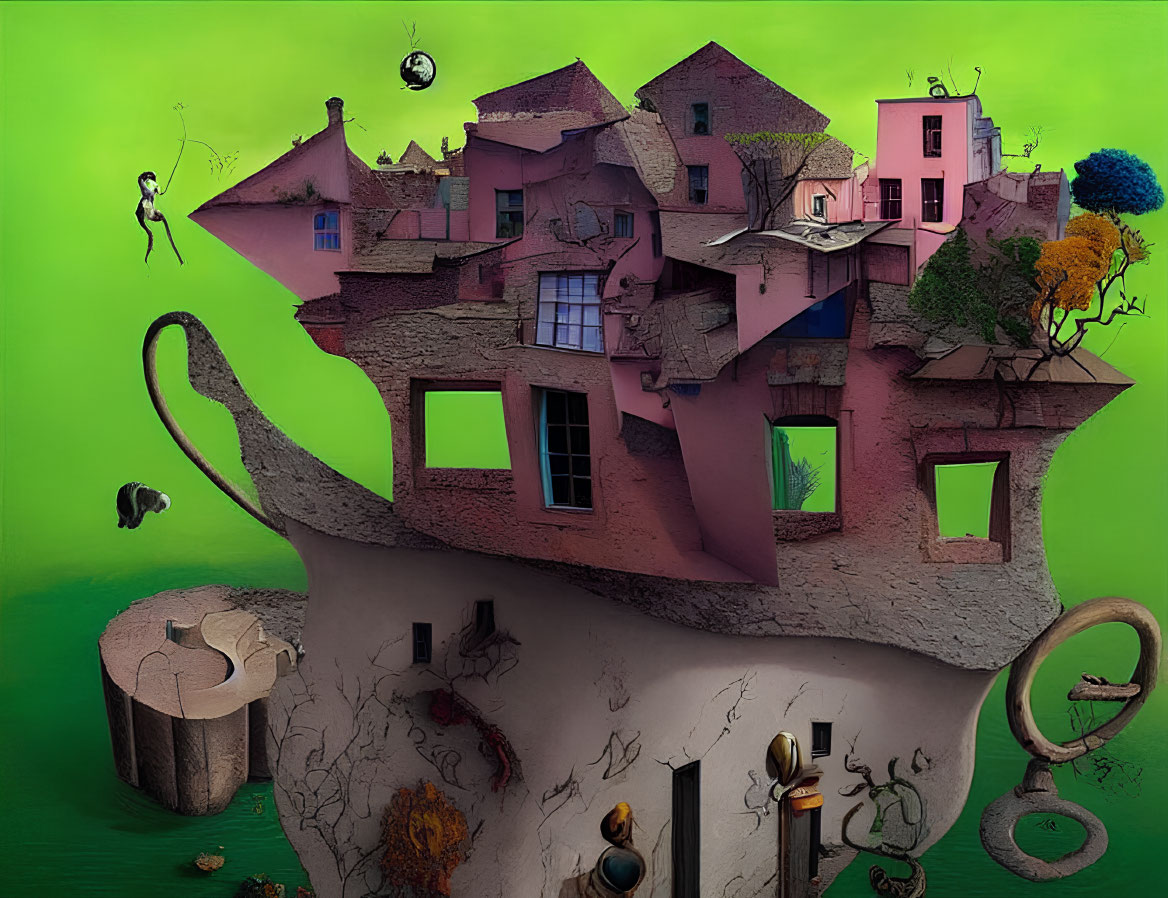 Surrealist teapot-shaped structure with whimsical houses and floating figures
