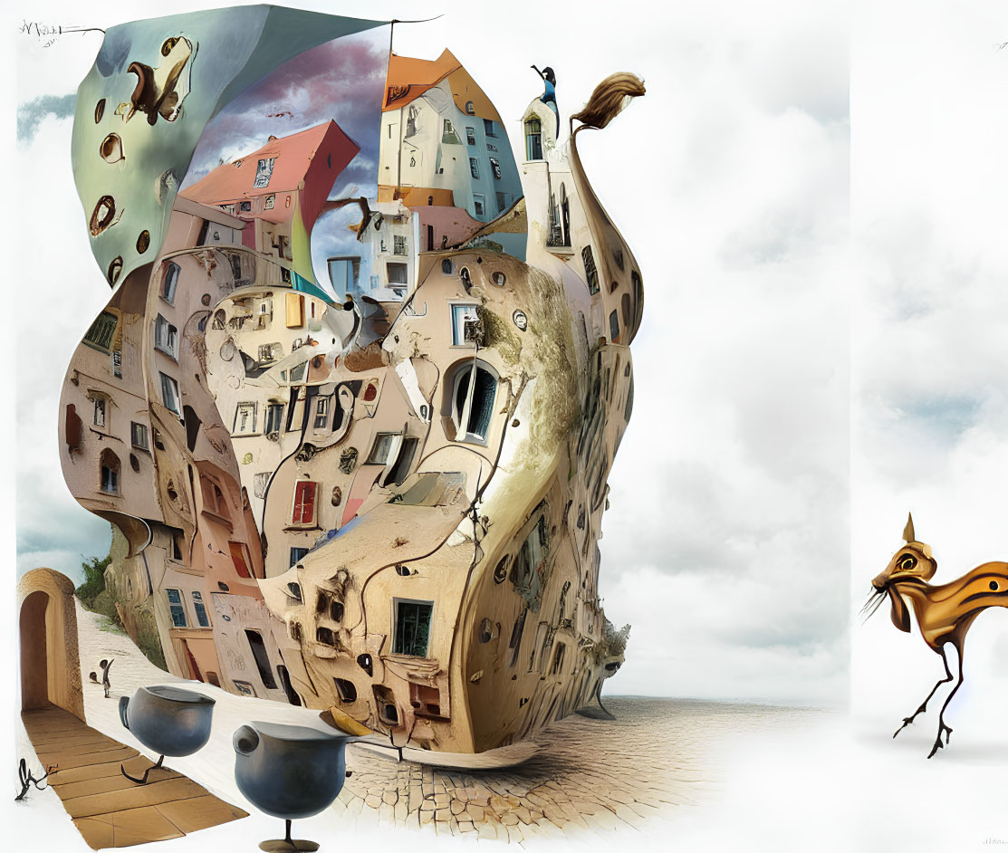Surreal illustration of warped building, floating man, and whimsical bird.