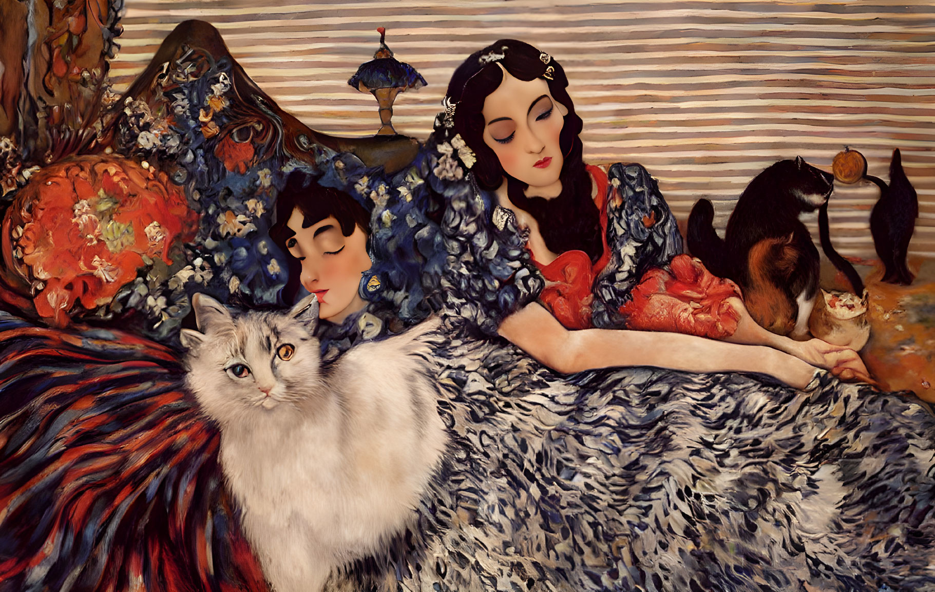 Stylized women on patterned couch with cat and lamp in serene setting
