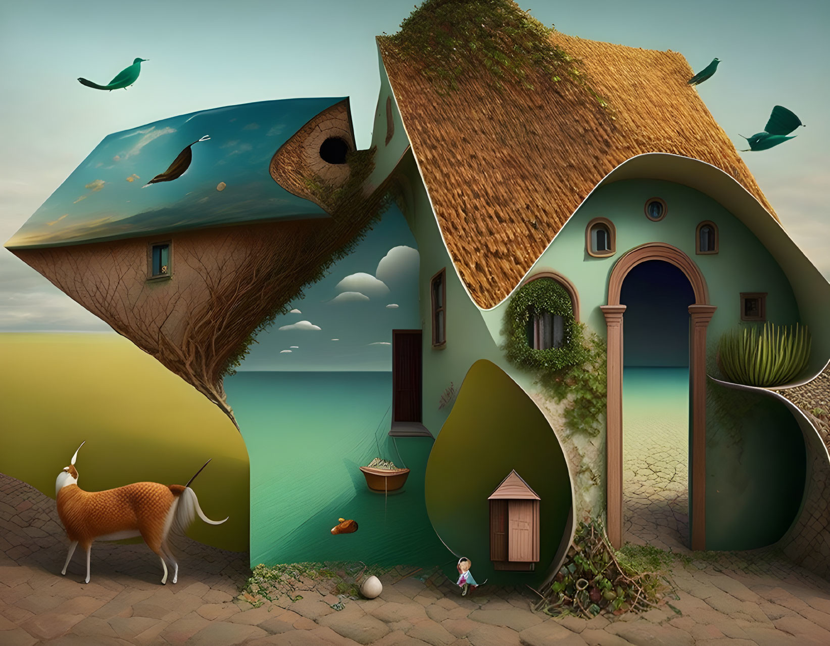 Split fantasy house with thatched roof, fox, child, floating books, and birds in surreal artwork