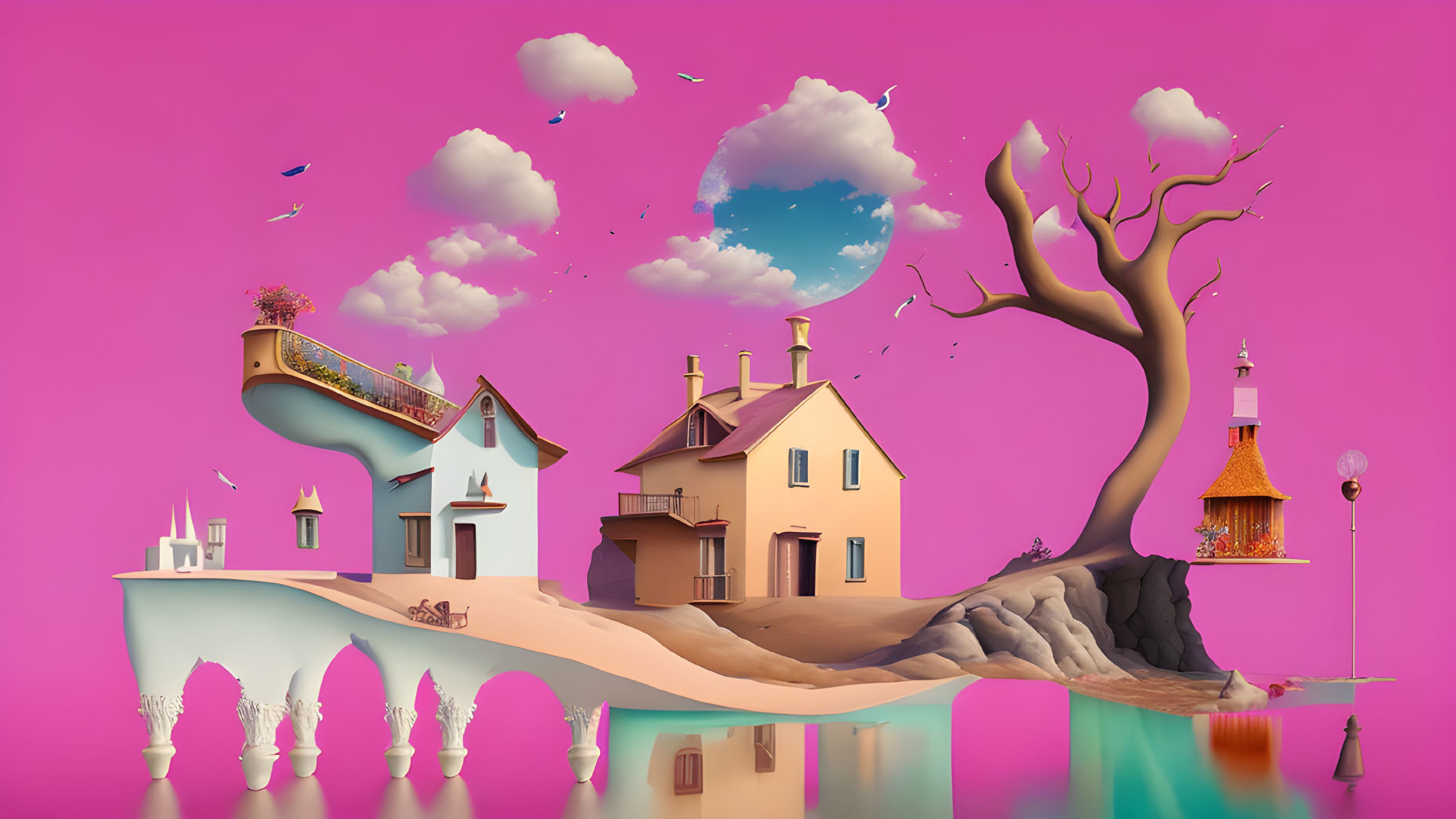 Whimsical floating island houses with surreal tree and pink sky reflection