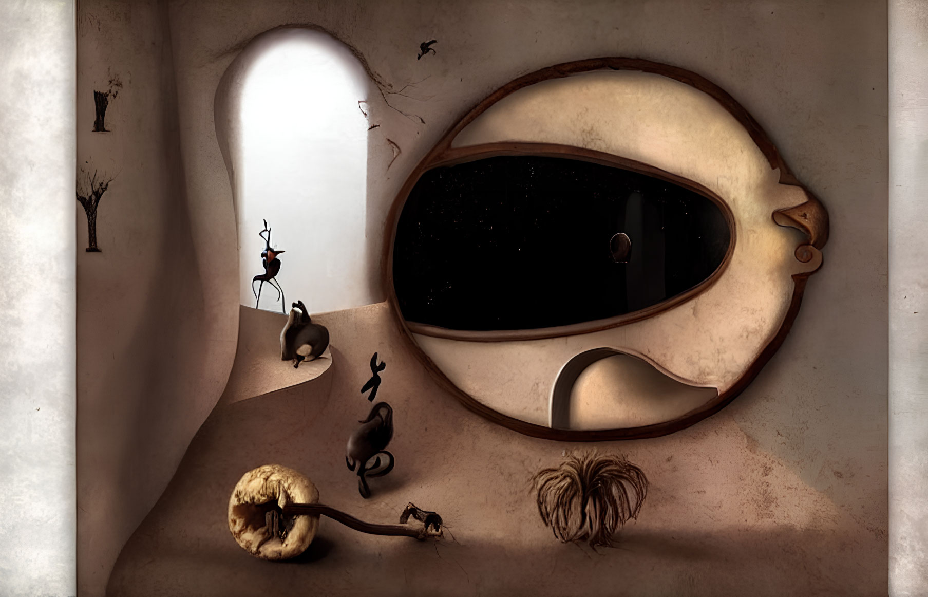 Surreal room with eye-shaped window and starry sky view, silhouetted figure,