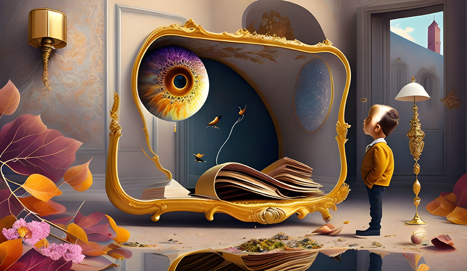 Child in yellow sweater gazes at surreal eye-shaped mirror in ornate room.