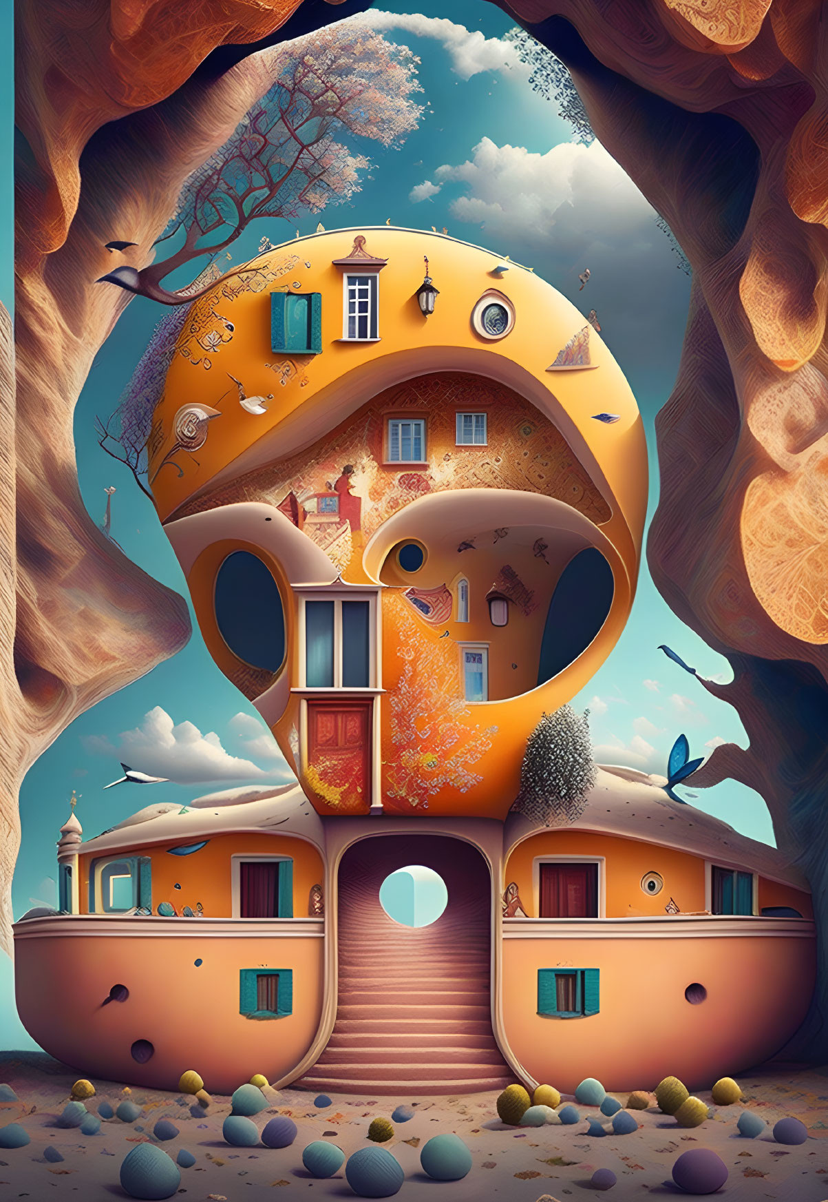 Surreal illustration of musical note-shaped house in fantasy landscape