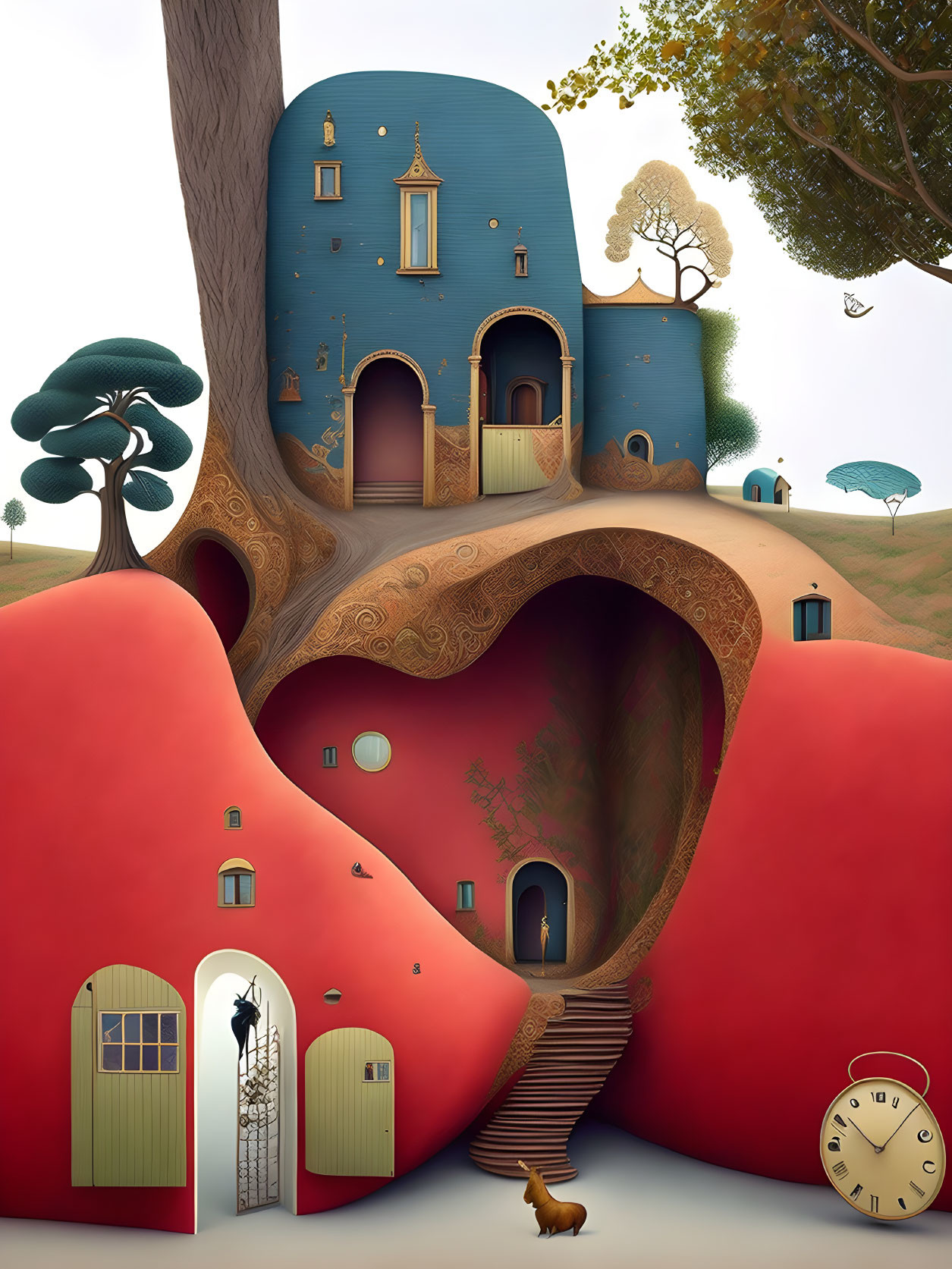 Whimsical surreal illustration of red tree with house, staircase, and clock