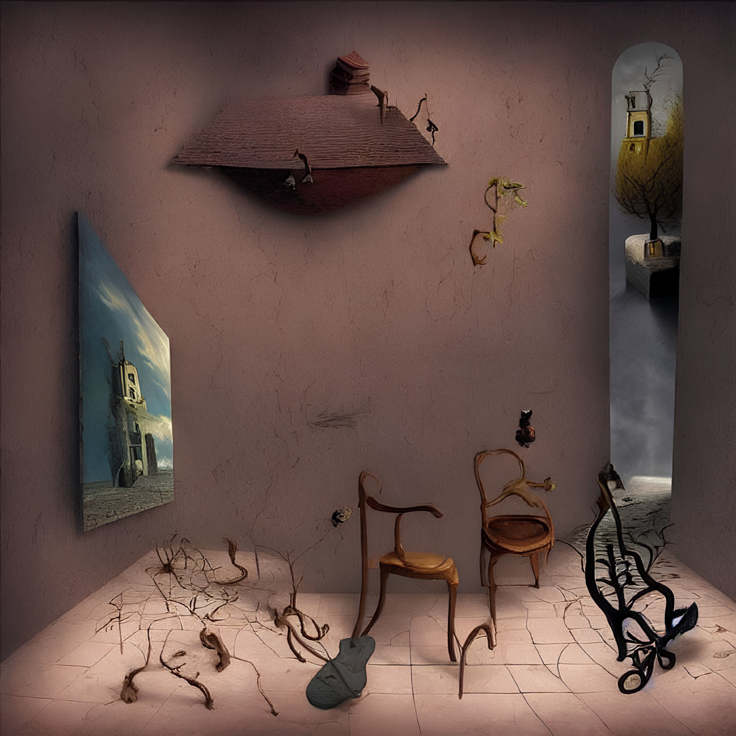 Surreal Room with Distorted Furniture, Cat Paintings, Gravity-Defying Cats, and